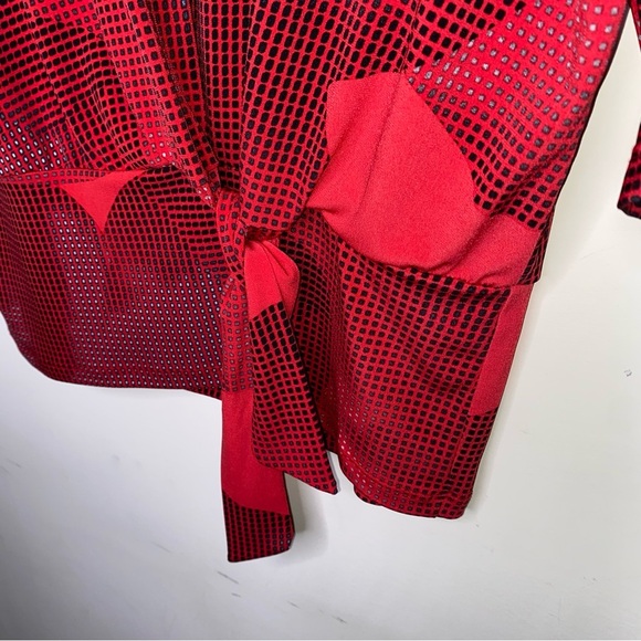 Clara Sun Woo Small Dolman Sleeve Blouse Top Red Side Tie Abstract Print EUC - Picture 2 of 7